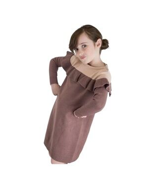 TAKE NOTE Two Tone Knit Sweater Dress with Ruffle Girls Size 5 Cream / Brown